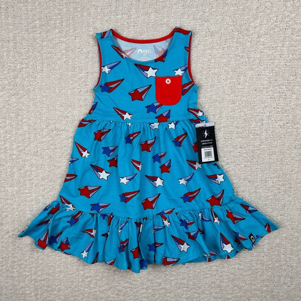 Rags to Raches Girls Dress 2T Years Blue Shooting Star Stretch Patriotic Tiered